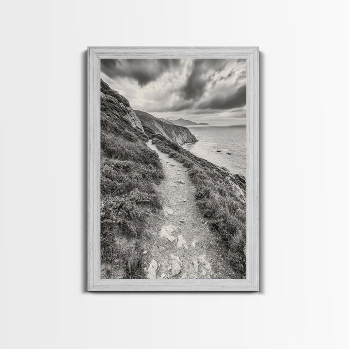 Cliffside Path, Coastal Trail, Ocean Escape, Canvas Print, Moody Landscape Wall Art, Living Room Decor, Adventure Travel Aesthetic