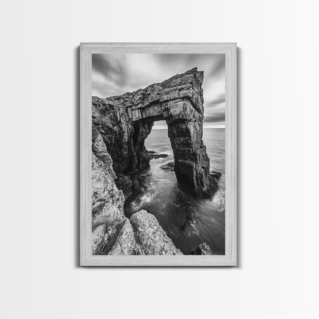 Sea Arch, Coastal Rock, Ocean Cliffside, Canvas Print, Dramatic Nature Wall Art, Living Room or Office Decor, Black White Seascape
