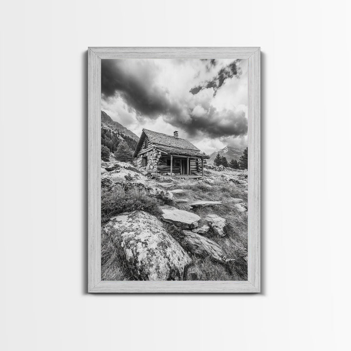 Rustic Cabin, Mountain Hideaway, Stormy Sky, Nature Lodge Decor, Framed Canvas Print, Autumn Vibes, Cozy Wall Art, Rustic Home Style