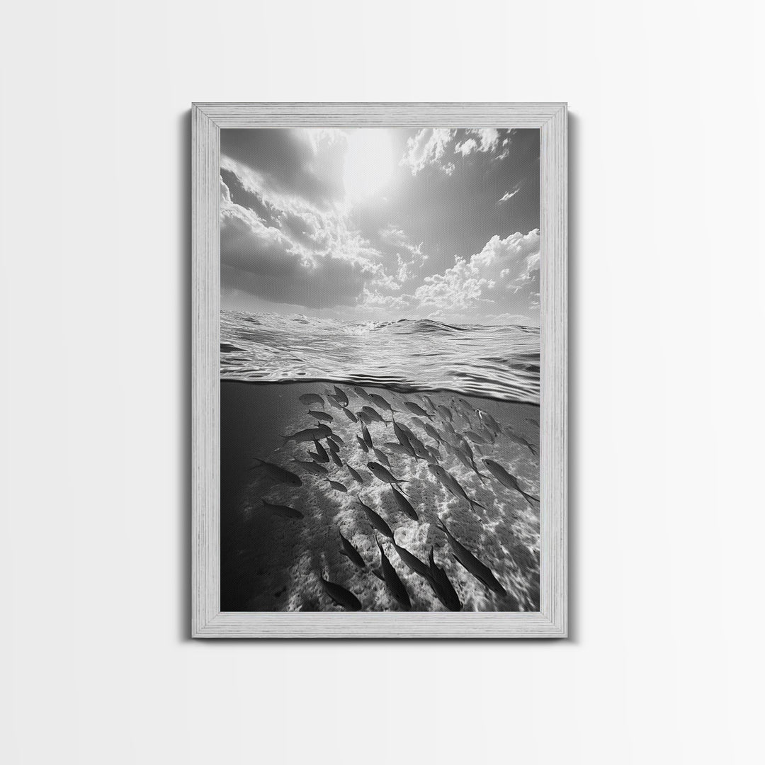 Underwater Scene, School of Fish, Ocean Photography, Split Shot Water, Framed Canvas Print, Bathroom Wall Art, Coastal Decor