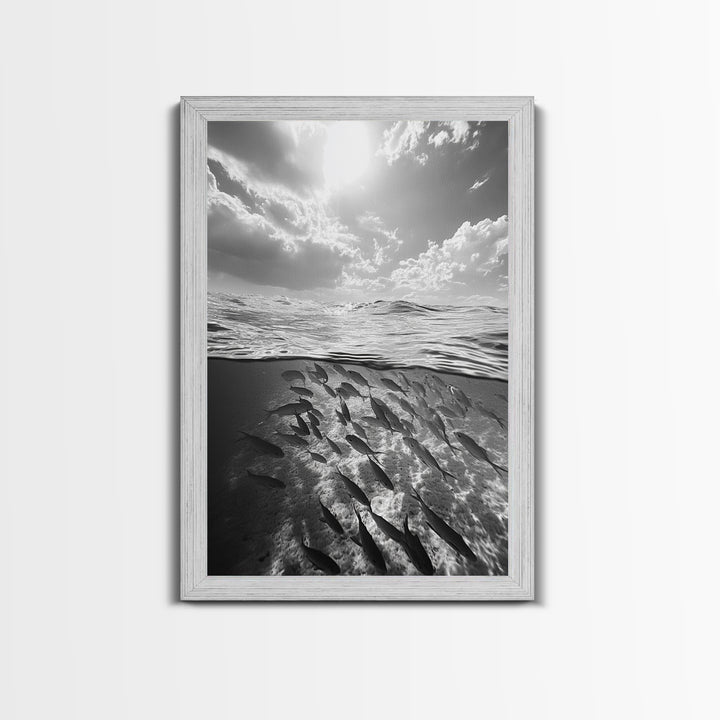 Underwater Scene, School of Fish, Ocean Photography, Split Shot Water, Framed Canvas Print, Bathroom Wall Art, Coastal Decor