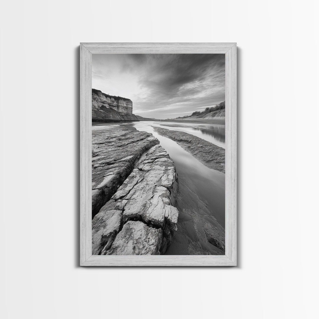 Eroded Riverbed, Desert Rock, Serene Canyon, Long Exposure, Framed Canvas Print, Earth Tones, Dining Room Decor, Nature Inspired