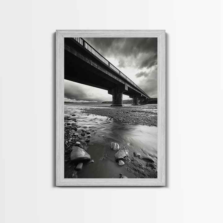 Stormy Bridge, River Rocks, Dramatic Sky, Modern Landscape, Framed Canvas Print, Moody Photography, Office Wall Art, Minimalist Decor
