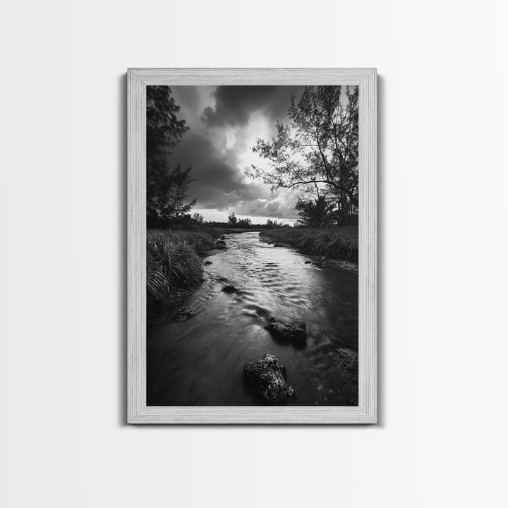 River Flow, Storm Clouds, Nature Trees, Monochrome Scene, Framed Canvas Print, Bathroom Wall Art, Moody Landscape, Rustic Home Decor