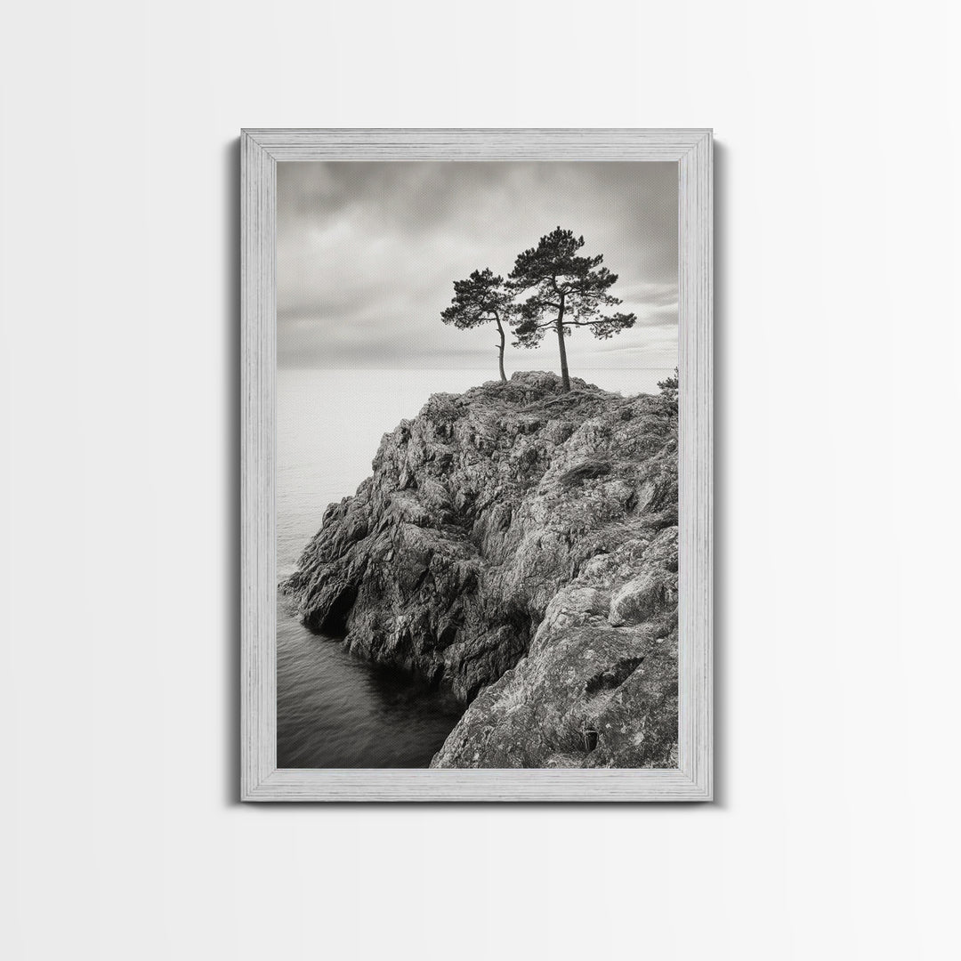 Rocky Coast, Lone Trees, Ocean View, Monochrome Calm, Framed Canvas Print, Bathroom Wall Art, Coastal Style, Minimalist Mountain Art
