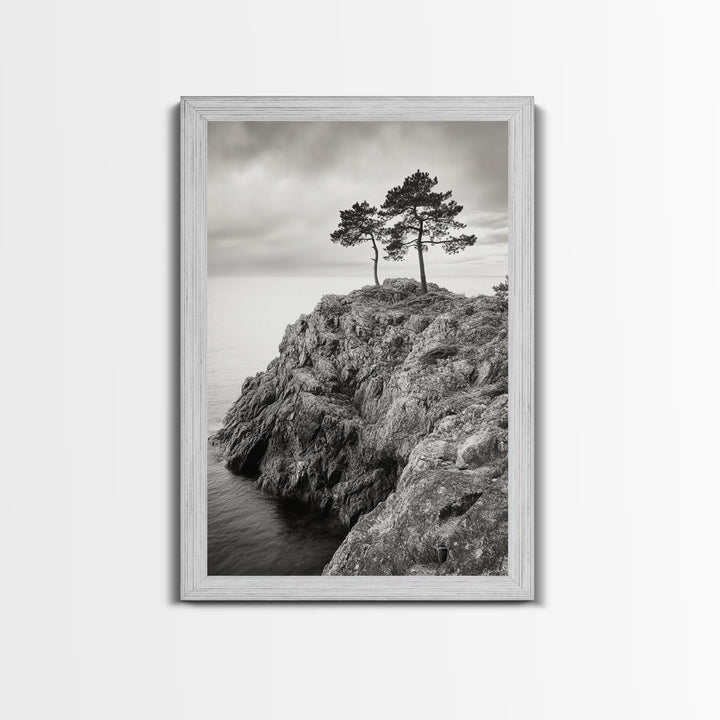 Rocky Coast, Lone Trees, Ocean View, Monochrome Calm, Framed Canvas Print, Bathroom Wall Art, Coastal Style, Minimalist Mountain Art