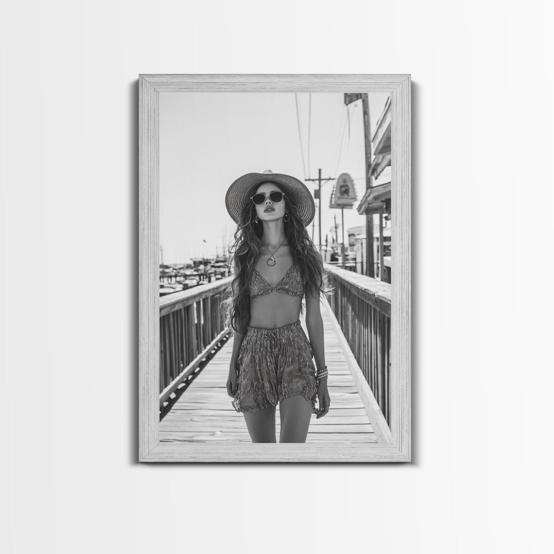 Pier Walk, Summer Fashion, Coastal Vibes, Chic Girl, Canvas Print, Fashion Wall Art, Modern Decor, Teen Room Artwork, Stylish Aesthetic