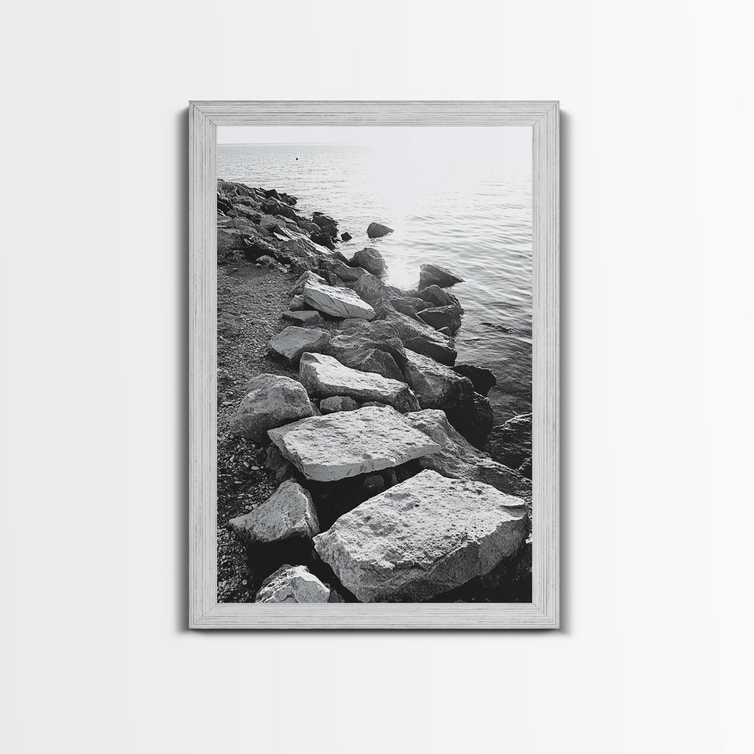 Shore Rocks, Sunlit Ocean, Rugged Texture, Minimal Horizon, Framed Canvas Print, Entryway Wall Art, Beach Decor, Neutral Tones