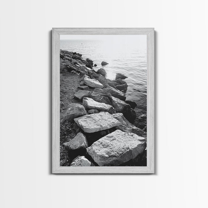 Shore Rocks, Sunlit Ocean, Rugged Texture, Minimal Horizon, Framed Canvas Print, Entryway Wall Art, Beach Decor, Neutral Tones