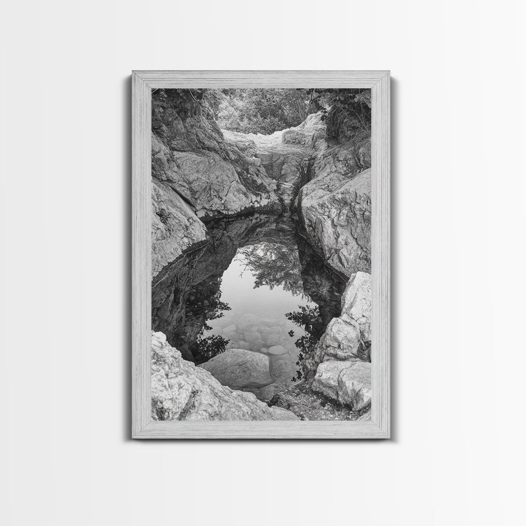 Reflective Rock Pool, Tranquil Nature, Monochrome Landscape, Black and White Framed Canvas Print, Minimalist Bathroom or Spa Wall Art