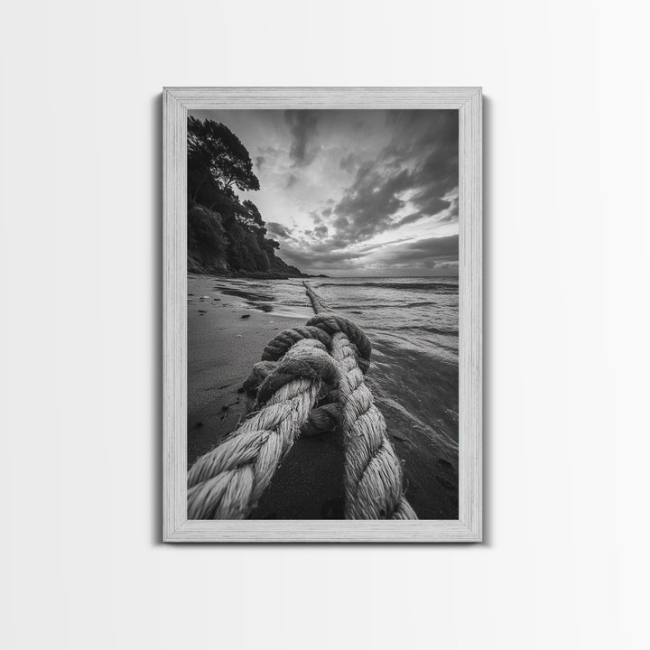 Beach Rope Knot, Coastal Connection, Ocean Shoreline, Nautical Canvas Print, Black and White Bathroom or Seaside Wall Decor