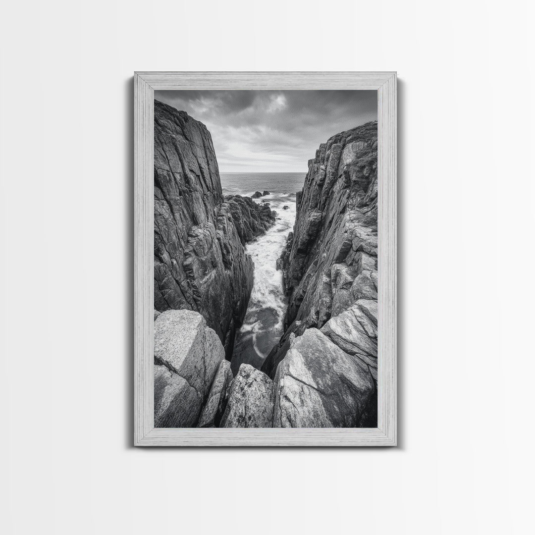 Ocean Cliff Pass, Rugged Coastal Rocks, Nature Power, Monochrome Framed Canvas Print, Moody Bathroom or Masculine Office Art