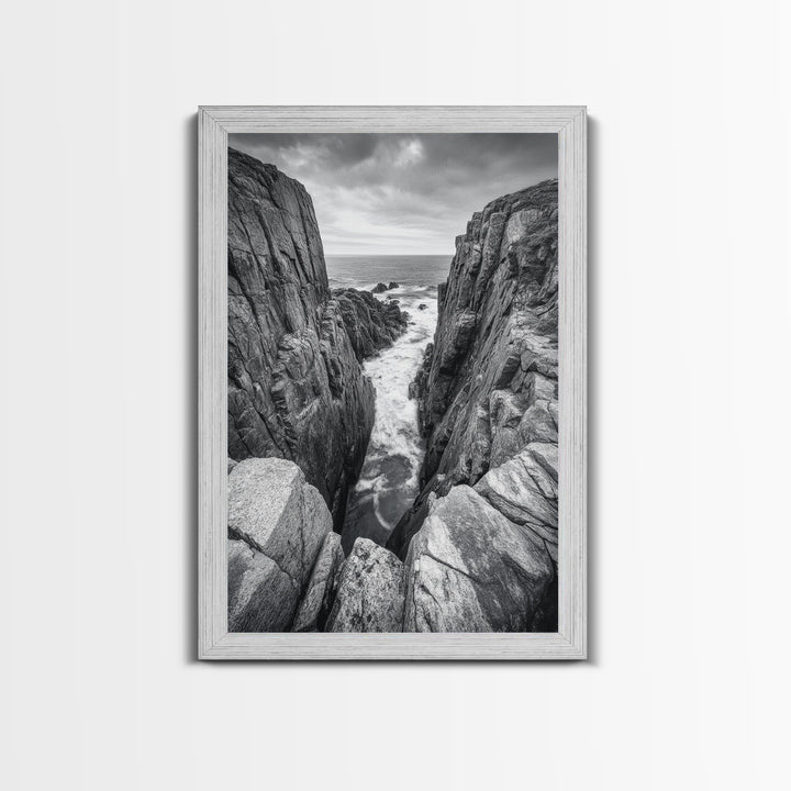 Ocean Cliff Pass, Rugged Coastal Rocks, Nature Power, Monochrome Framed Canvas Print, Moody Bathroom or Masculine Office Art