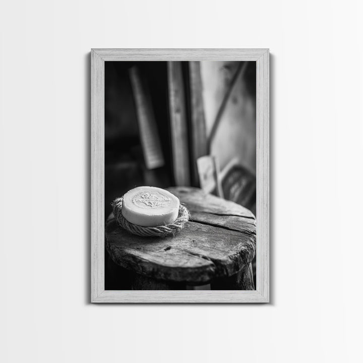 Artisan Soap Still Life, Rustic Wellness Scene, Country Bathroom, Monochrome Framed Canvas Print, Farmhouse Bathroom Wall Art