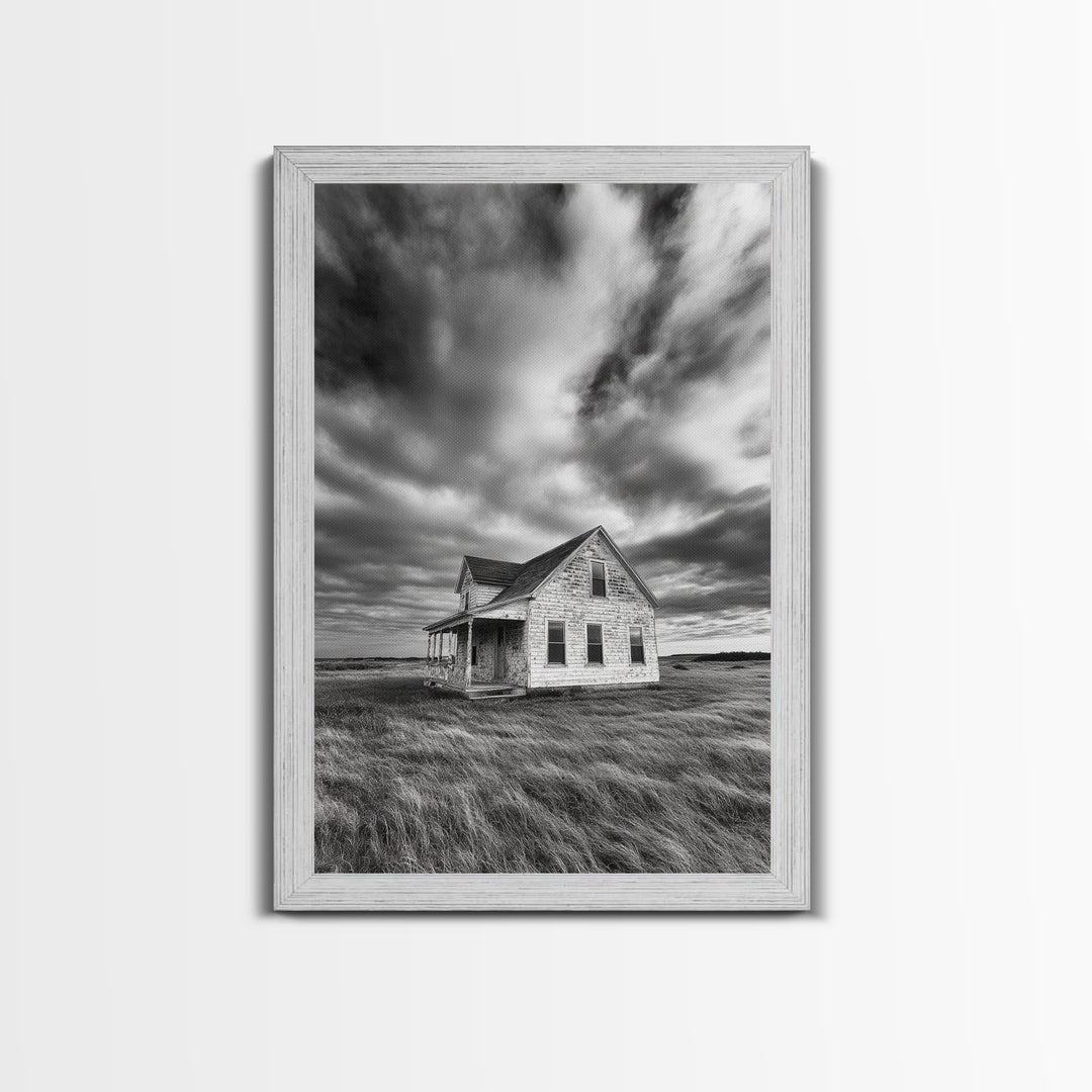 Abandoned House, Windy Prairie, Haunted Landscape, Framed Canvas Print, Fall Wall Art, Rural Home Decor, Moody Halloween Style