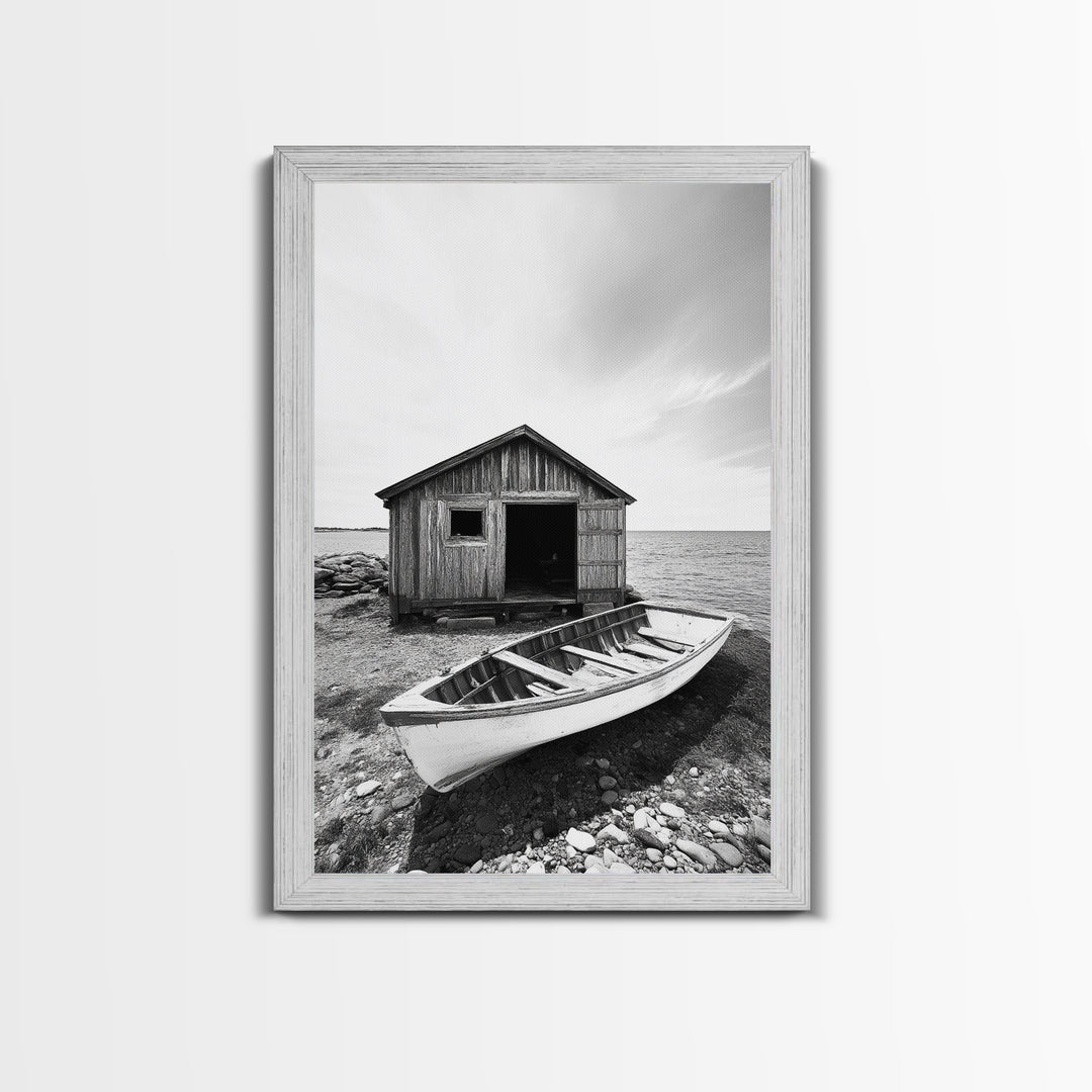 Shore Cabin, Rowboat Rest, Coastal Cabin, Serene Shoreline, Canvas Print, Lake House Wall Art, Rustic Decor, Living Room Seaside Art