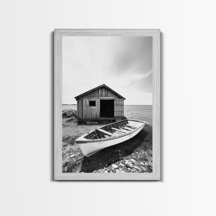 Shore Cabin, Rowboat Rest, Coastal Cabin, Serene Shoreline, Canvas Print, Lake House Wall Art, Rustic Decor, Living Room Seaside Art