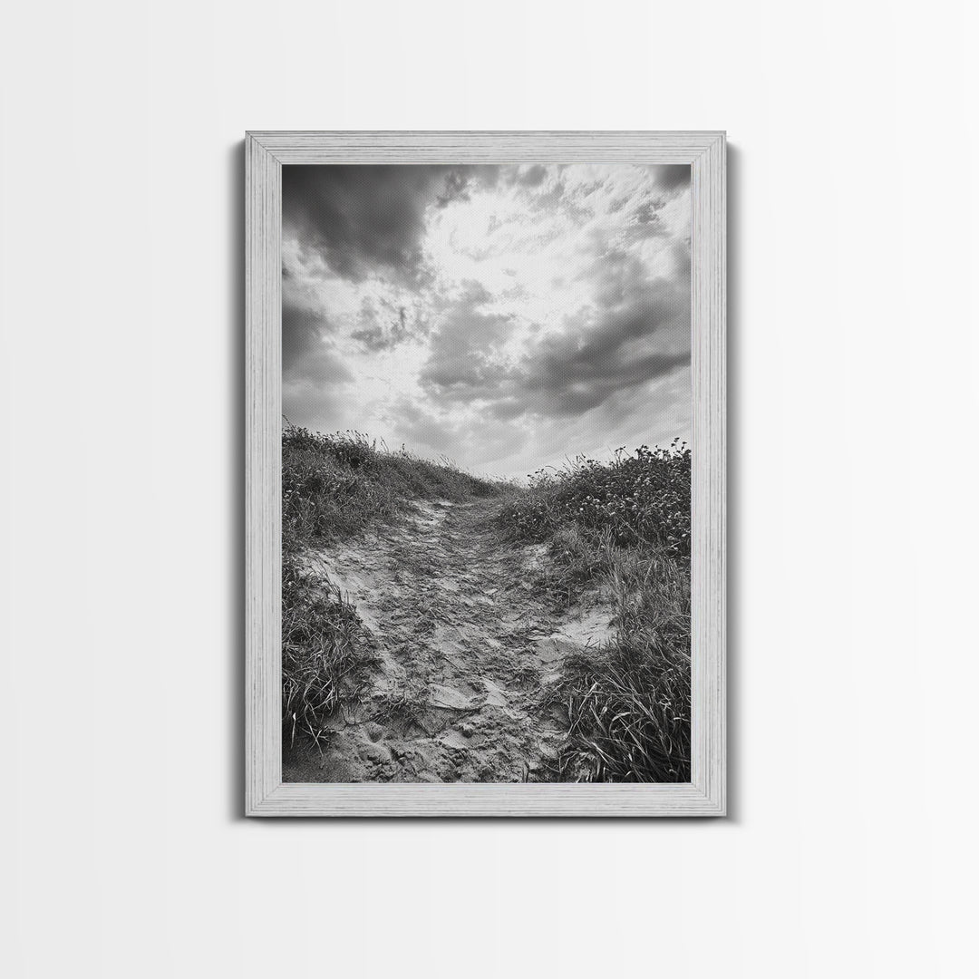 Sandy Trail, Ocean Path, Windy Grass, Moody Sky, Framed Canvas Print, coastal nature photography, hallway decor, rustic neutral art
