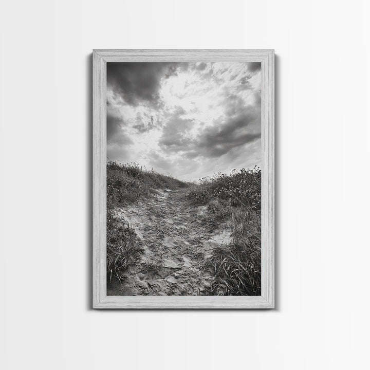 Sandy Trail, Ocean Path, Windy Grass, Moody Sky, Framed Canvas Print, coastal nature photography, hallway decor, rustic neutral art