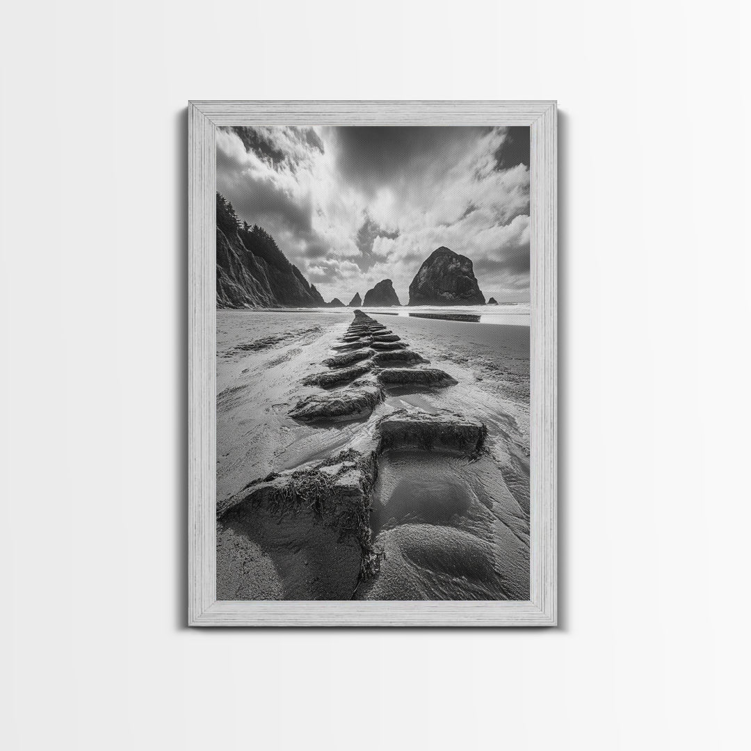 Ocean Rocks, Beach Landscape, Cloudy Sky, Rugged Coast, Canvas Print, coastal adventure wall art, living room decor, nature lover gift