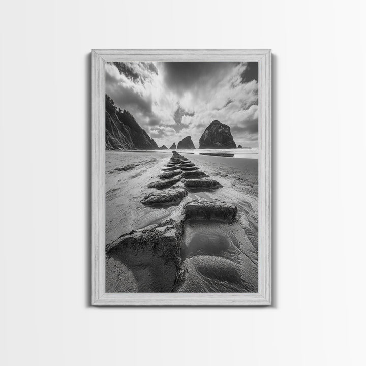 Ocean Rocks, Beach Landscape, Cloudy Sky, Rugged Coast, Canvas Print, coastal adventure wall art, living room decor, nature lover gift