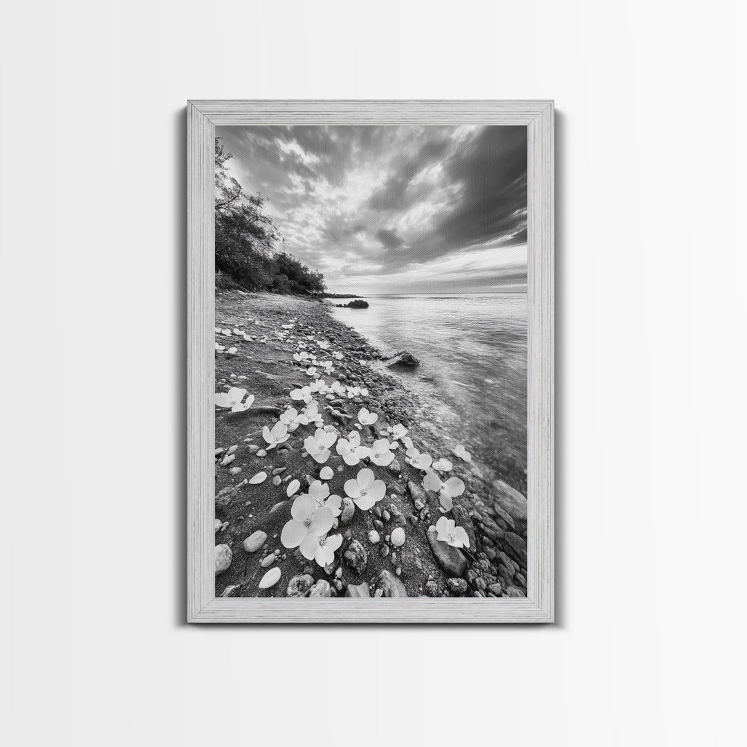 Flower Shore, Peaceful Beach, Moody Sky, Petal Scape, Framed Canvas Print, romantic beach art, bedroom decor, black and white floral print