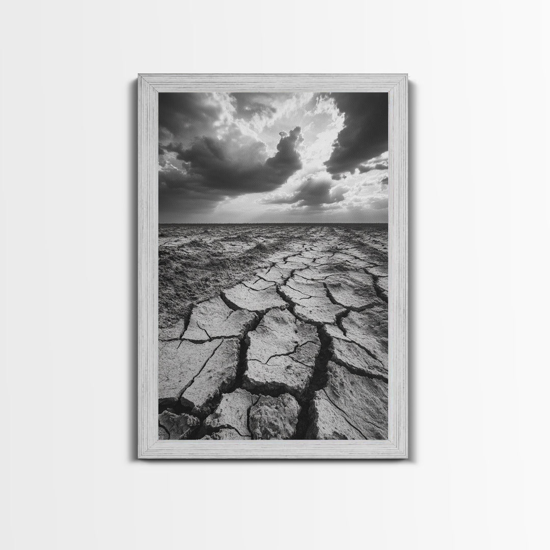 Cracked Earth, Drought Desert, Apocalyptic Sky, Dry Landscape, Canvas Print, minimalist wall decor, modern earth tones, office statement piece