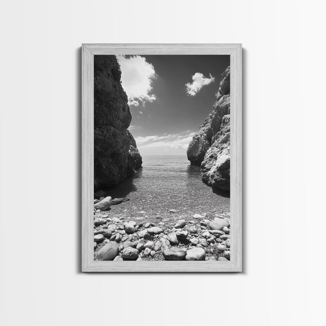 Rocky Cove, Serene Sea, Coastal Escape, Crystal Water, Canvas Print, bathroom ocean art, coastal minimalist decor, tranquil seascape gift