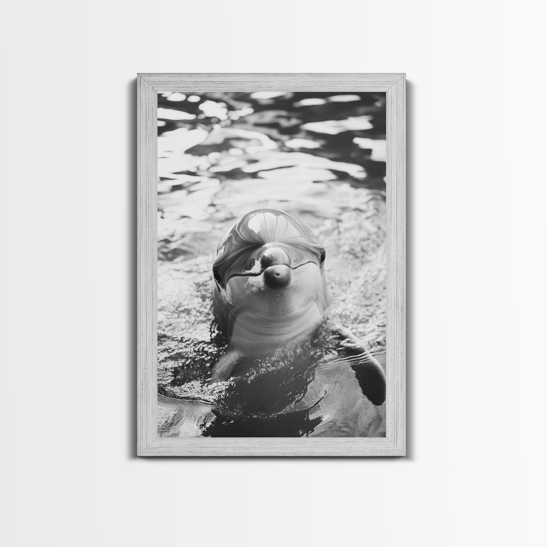 Dolphin Smile, Ocean Friend, Water Reflections, Gentle Waves, Framed Canvas Print, Kids Bathroom Art, Marine Life Decor, Playroom Artwork