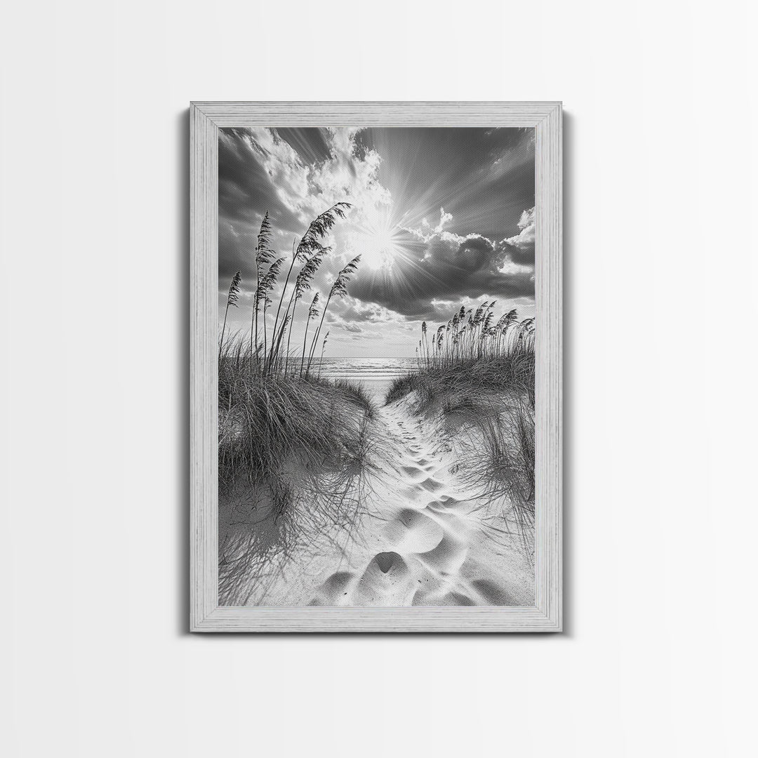 Beach Path, Seagrass Sunset, Radiant Sky, Coastal Light, Framed Canvas Print, coastal farmhouse decor, entryway art, sunshine beach scene