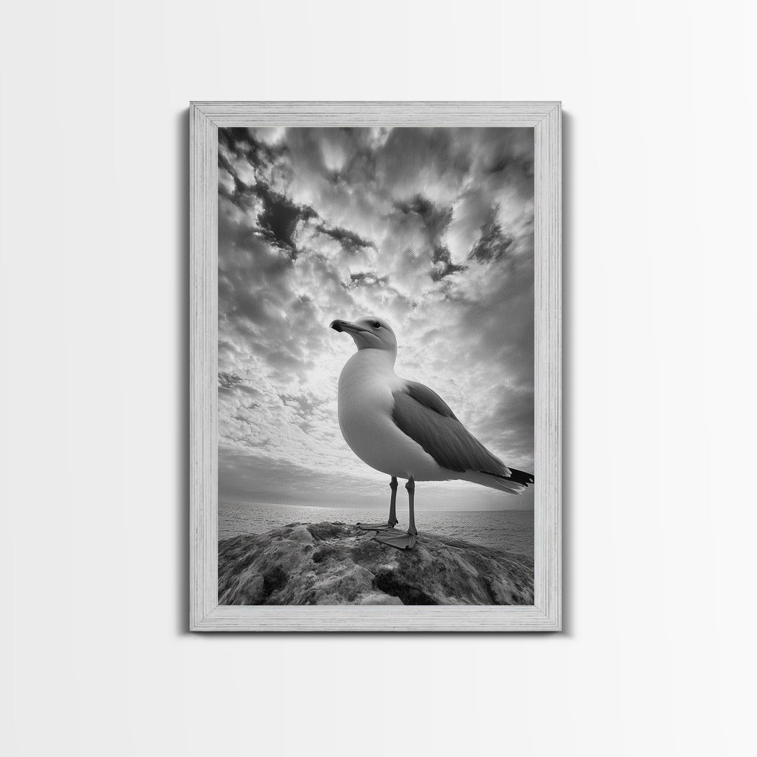 Coastal Seagull, Ocean Breeze, Serene Sky, Seaside Moment Framed Canvas Print, coastal decor, nautical bathroom wall art, nature photography