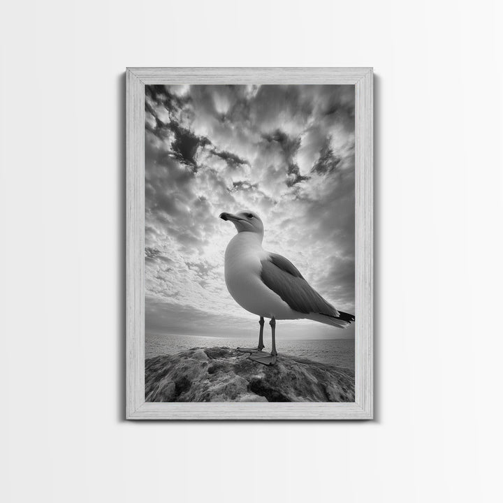 Coastal Seagull, Ocean Breeze, Serene Sky, Seaside Moment Framed Canvas Print, coastal decor, nautical bathroom wall art, nature photography