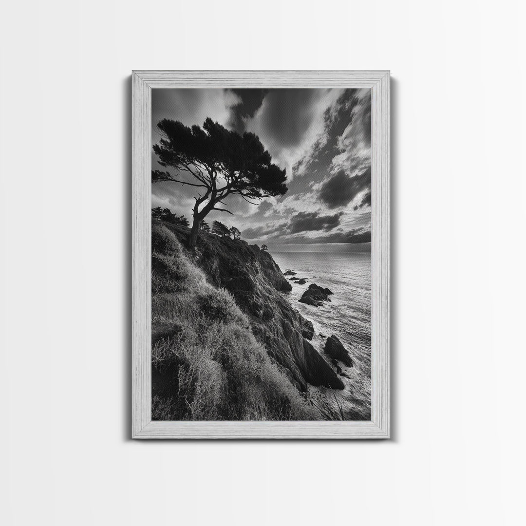 Coastal Pines, Rocky Shore, Windswept Tree, Wild Ocean Framed Canvas Print, rustic cabin art, black and white beach wall decor