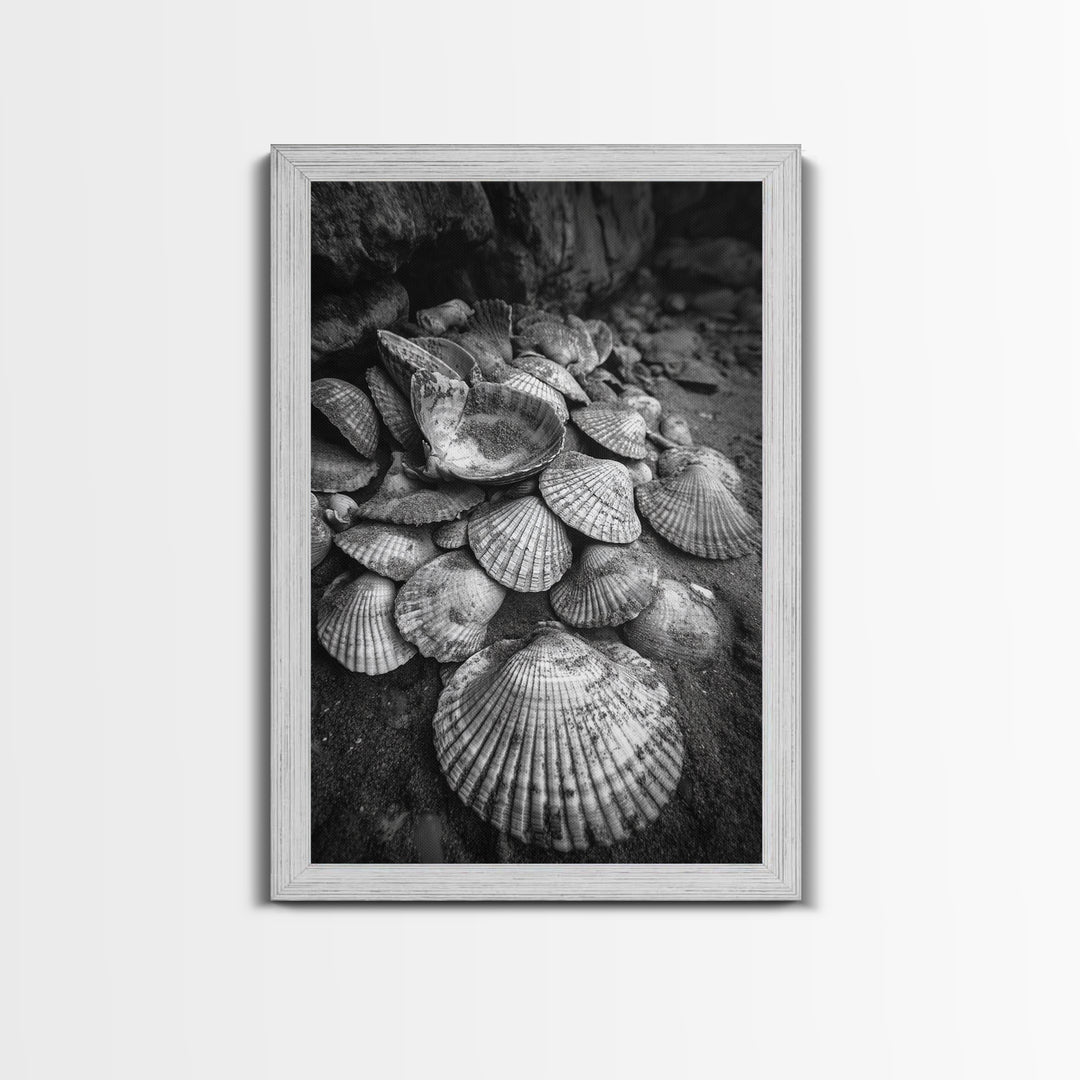 Seashell Pile, Textured Beach, Coastal Treasures, Natural Beauty Framed Canvas Print, bathroom decor, shell art, beach wall style