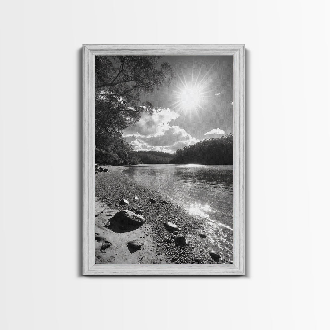 Ocean Shoreline, Serene Landscape, Coastal Photography, Canvas Print, Modern Nature Decor, Living Room Wall Art, Black and White Art