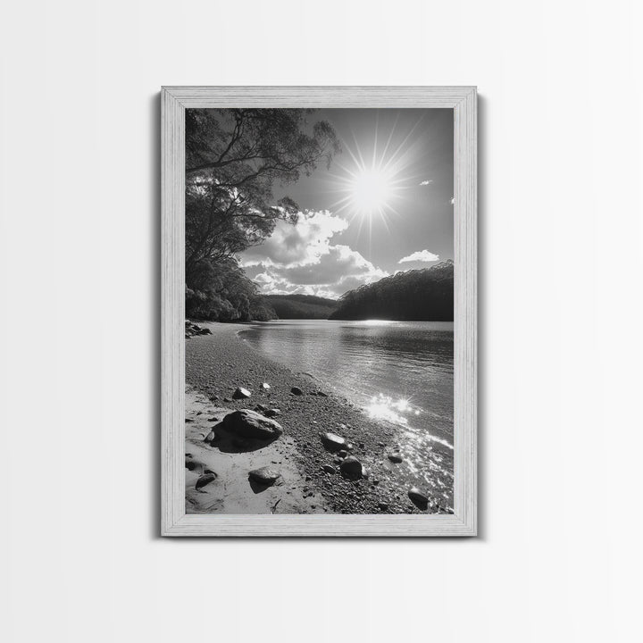 Ocean Shoreline, Serene Landscape, Coastal Photography, Canvas Print, Modern Nature Decor, Living Room Wall Art, Black and White Art