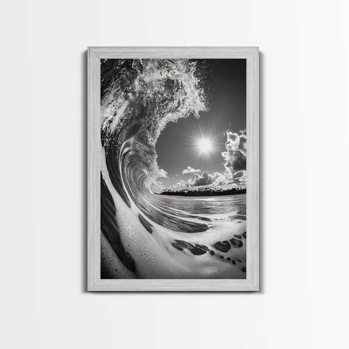 Wave Photography, Surfer Dream, Sea Curl Motion, Framed Canvas Print, Coastal Wall Art, Beach House Decor, Monochrome Ocean Style