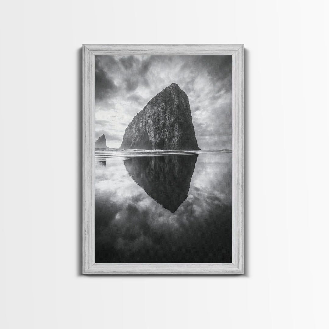 Coastal Rock, Haystack Reflection, Tranquil Beach Scene, Framed Canvas Print, Minimalist Art, Bathroom or Entryway Wall Art
