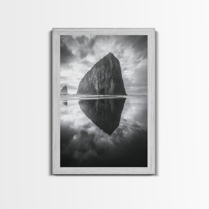 Coastal Rock, Haystack Reflection, Tranquil Beach Scene, Framed Canvas Print, Minimalist Art, Bathroom or Entryway Wall Art