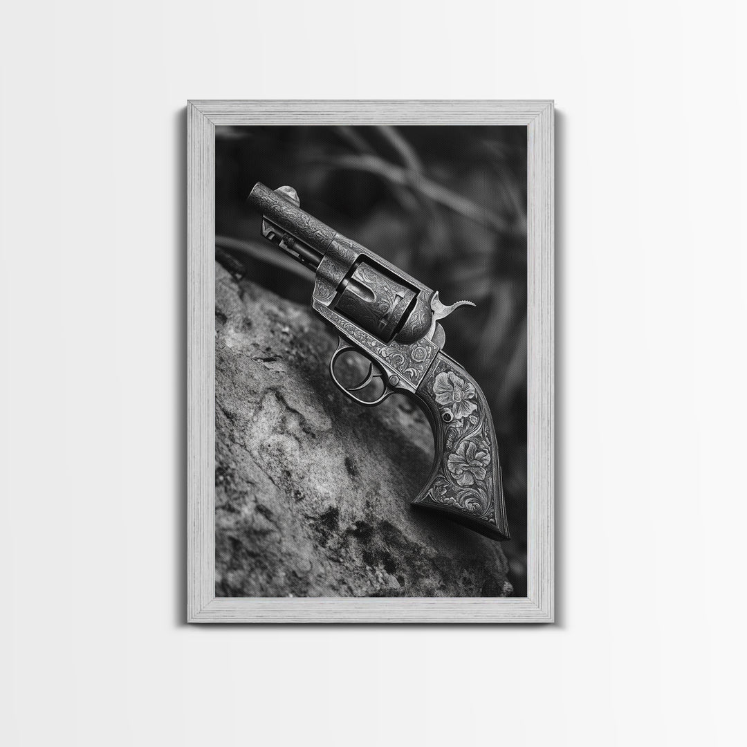 Floral Engraved Revolver, Vintage Western Gun, Cowboy Detail Shot, Canvas Print, Man Cave Art, Rustic Americana Wall Style