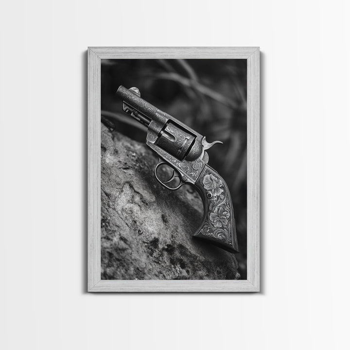 Floral Engraved Revolver, Vintage Western Gun, Cowboy Detail Shot, Canvas Print, Man Cave Art, Rustic Americana Wall Style