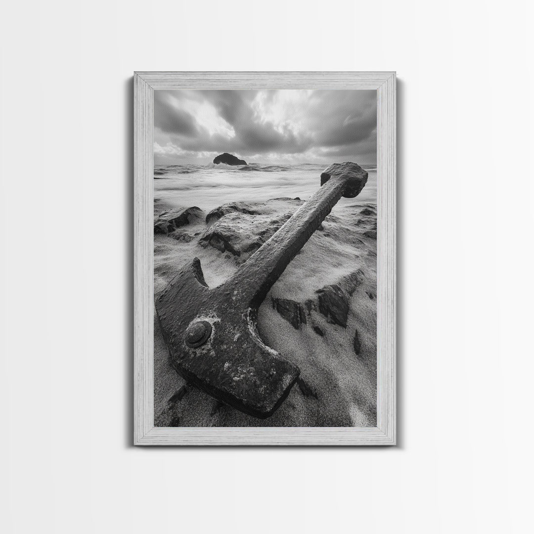 Ocean anchor scene, nautical coastal vibes, shipwreck inspiration, stormy sky, Framed Canvas Print, entryway art, maritime wall decor