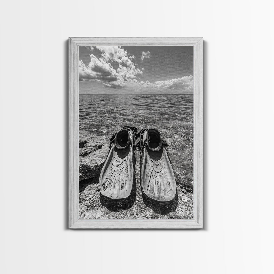 Ocean Fins, Coastal Escape, Underwater Adventure, Canvas Print, Beach Bathroom Wall Art, Nautical Photography, Black and White Decor