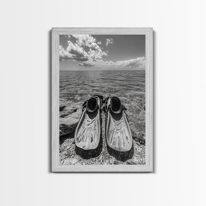 Ocean Fins, Coastal Escape, Underwater Adventure, Canvas Print, Beach Bathroom Wall Art, Nautical Photography, Black and White Decor