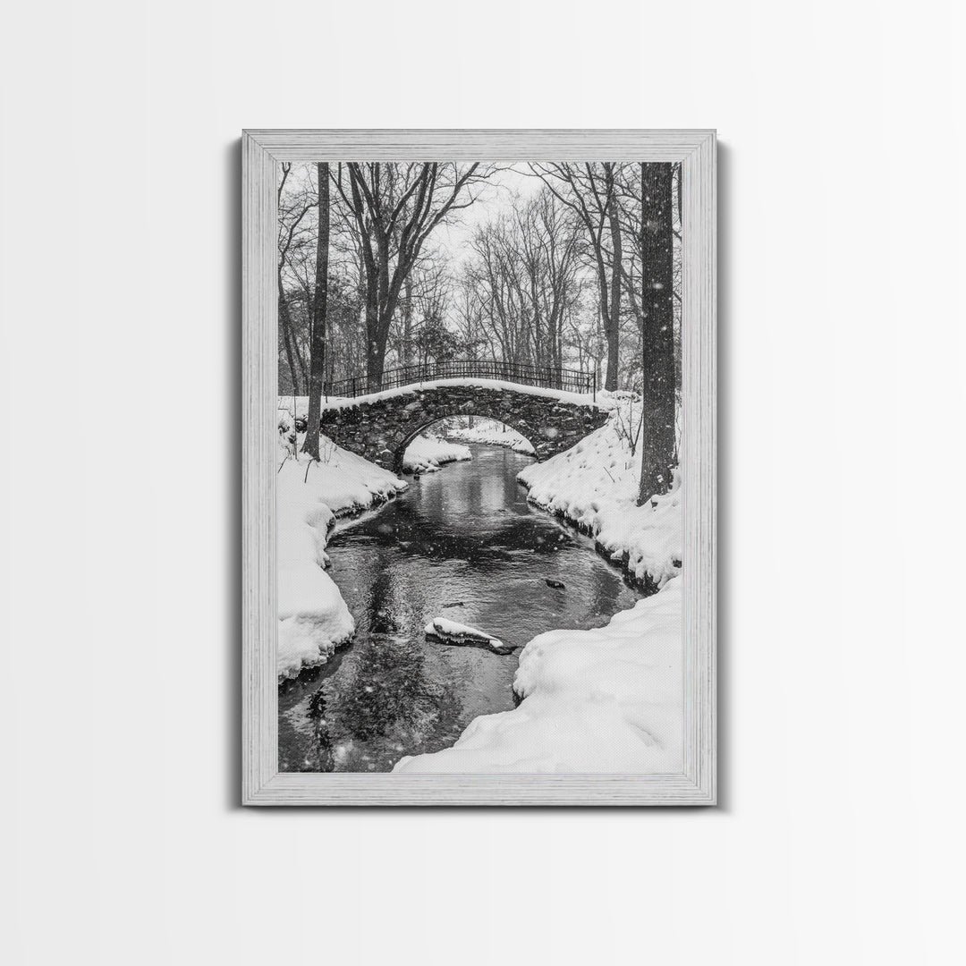 Stone Bridge, Winter Stream, Historic Pathway, Framed Canvas Print, Snowy Landscape Art, Traditional Living Room Wall Decor