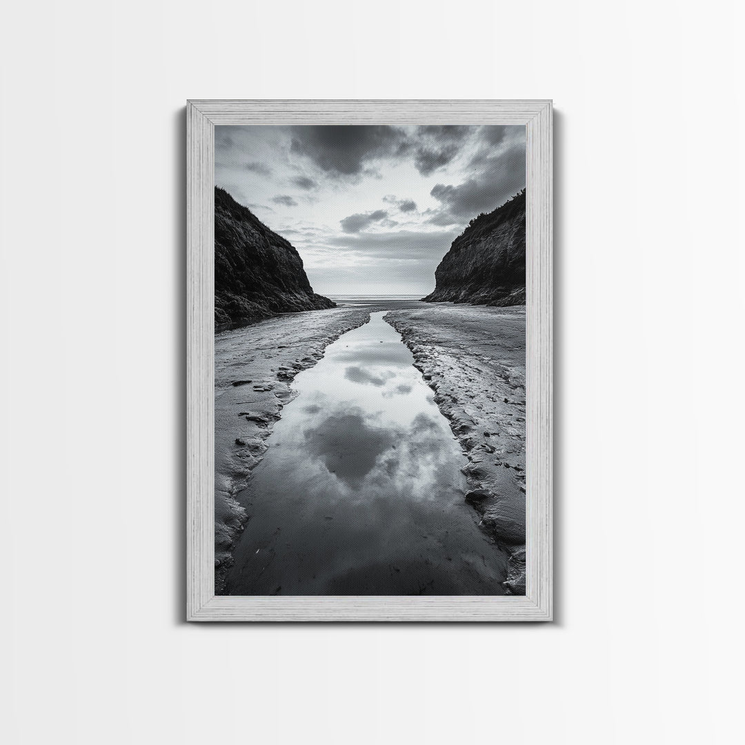 Ocean Reflection, Seaside Path, Moody Coastline, Canvas Print, Black and White Nature Photography, Modern Living Room Wall Art
