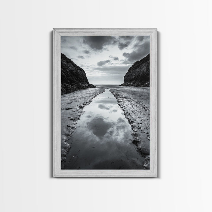 Ocean Reflection, Seaside Path, Moody Coastline, Canvas Print, Black and White Nature Photography, Modern Living Room Wall Art