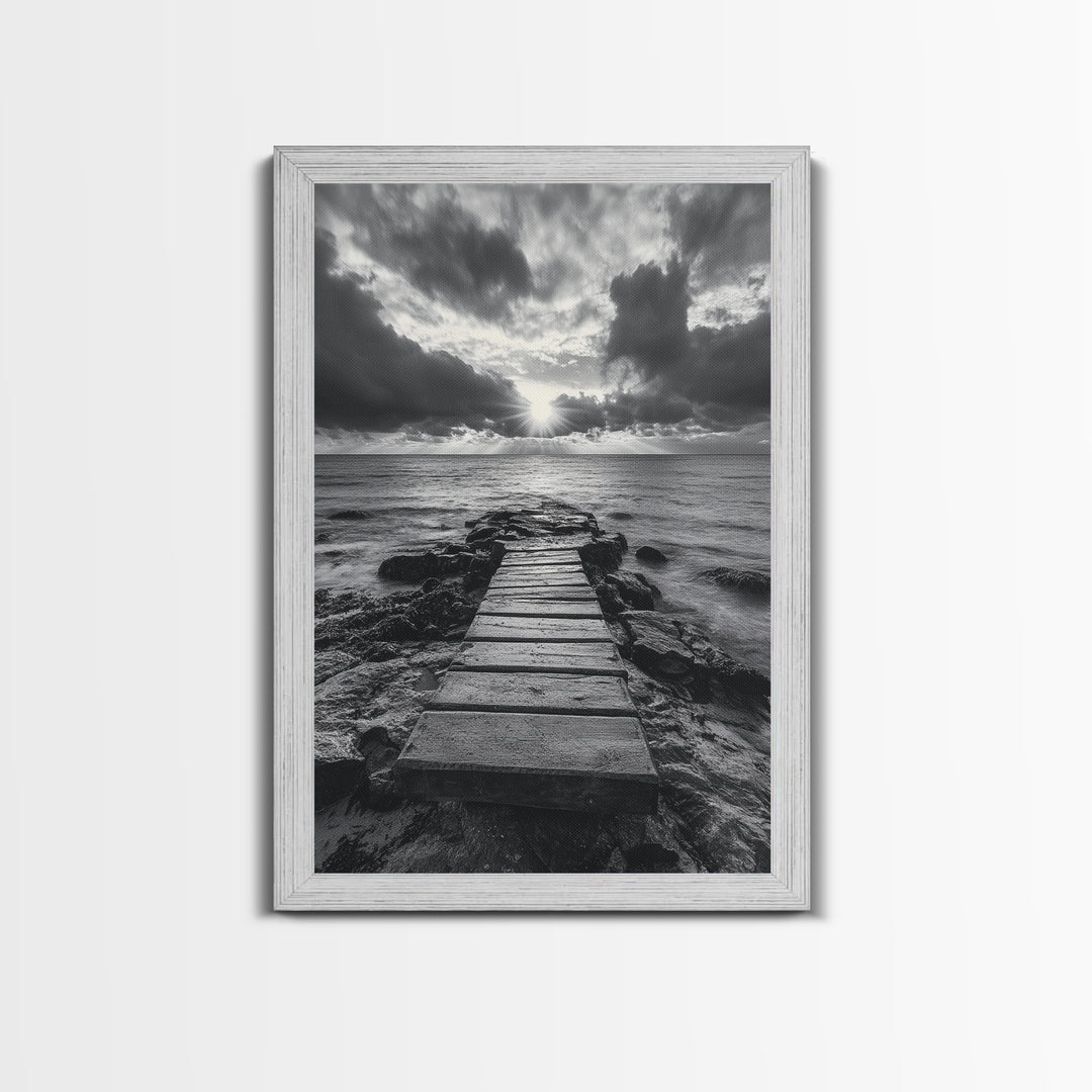 Ocean Pier Sunset, Dramatic Clouds, Seascape Pathway, Canvas Print, Coastal Living Room Art, Tranquil Decor, Minimalist Style