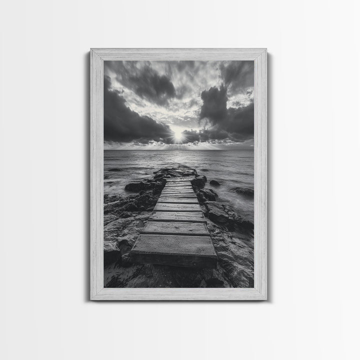 Ocean Pier Sunset, Dramatic Clouds, Seascape Pathway, Canvas Print, Coastal Living Room Art, Tranquil Decor, Minimalist Style