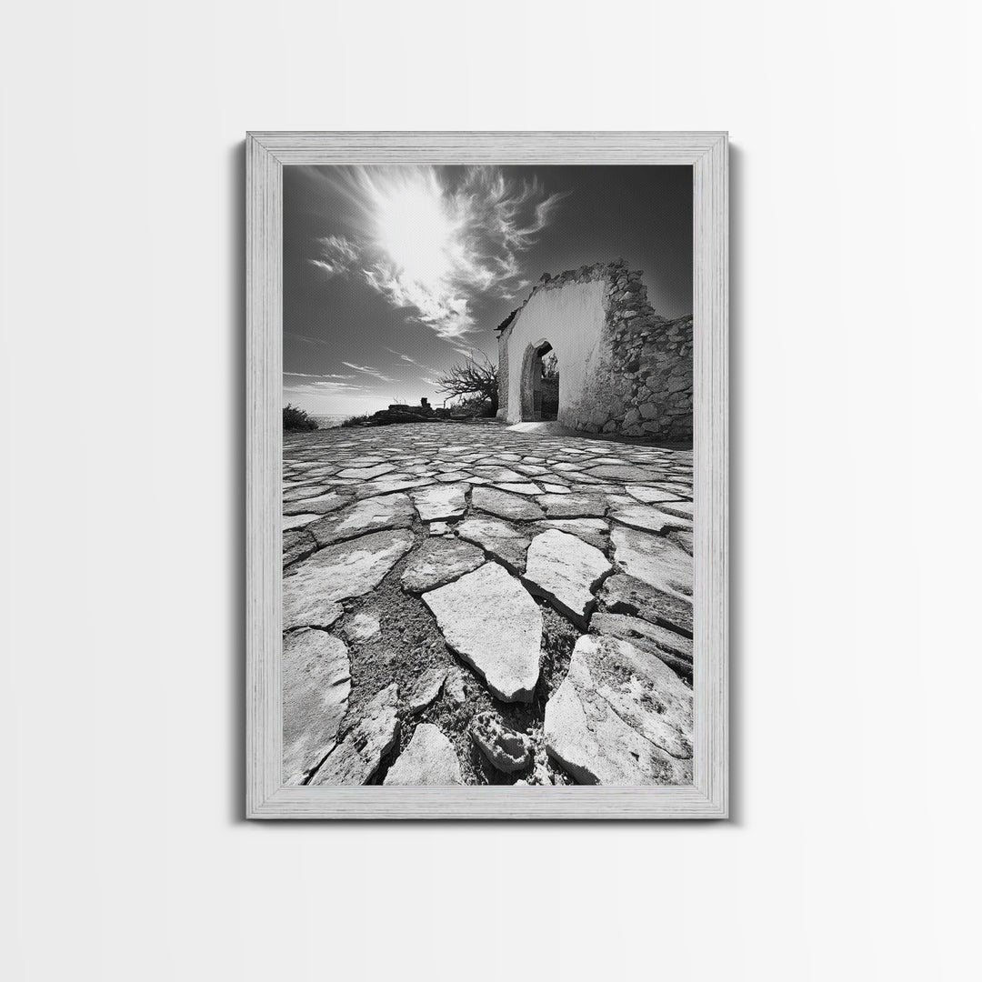 Desert Archway, Stone Ruins, Sunny Sky, Canvas Print, Rustic Travel Wall Art, Mediterranean Decor, Minimalist Earthy Aesthetic